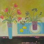 'Still Life with Primula Pot' - Acrylic/Inks on Canvas' - 64 x 64 cms