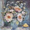 Vase of Peonies and Buttercups. Mixed media on Wooden Panel. 60 x 60 cm. Av